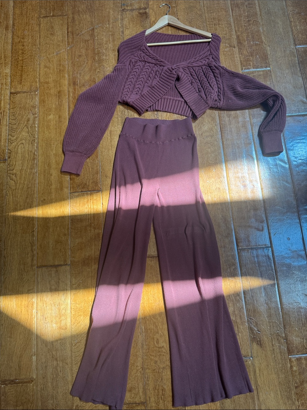 Cropped Sweater & High-Rise Wide-Leg Knit Pants Set — Dusty Mauve